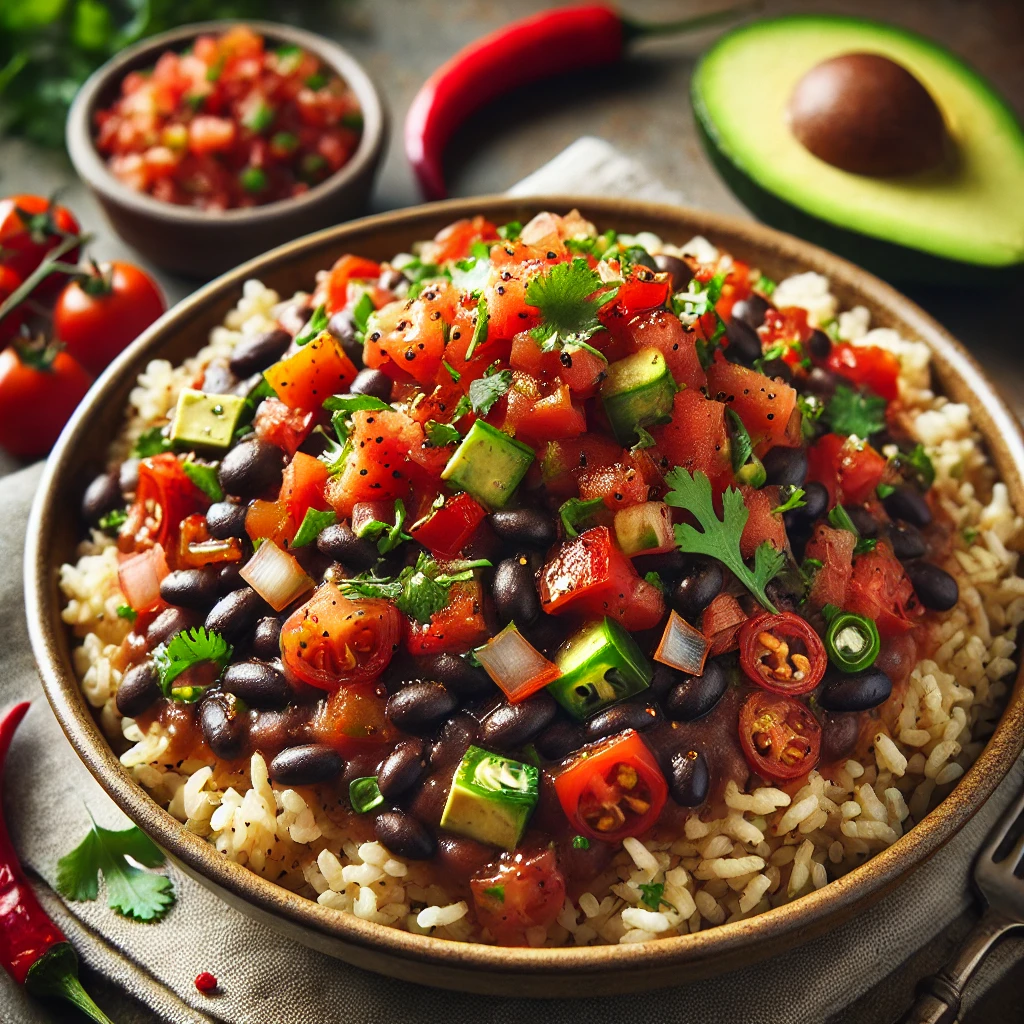A-hearty-dish-of-black-beans-mixed-with-fresh-salsa-tomatoes-onions-chili-served-over-a-bed-of-warm-brown-rice.-The-dish-is-garnished-with-choppe