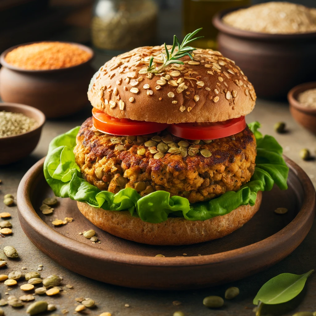 A perfectly cooked lentil and oatmeal burger served on a whole grain bun. The burger patty is golden-brown and crispy on the outside, with visible len