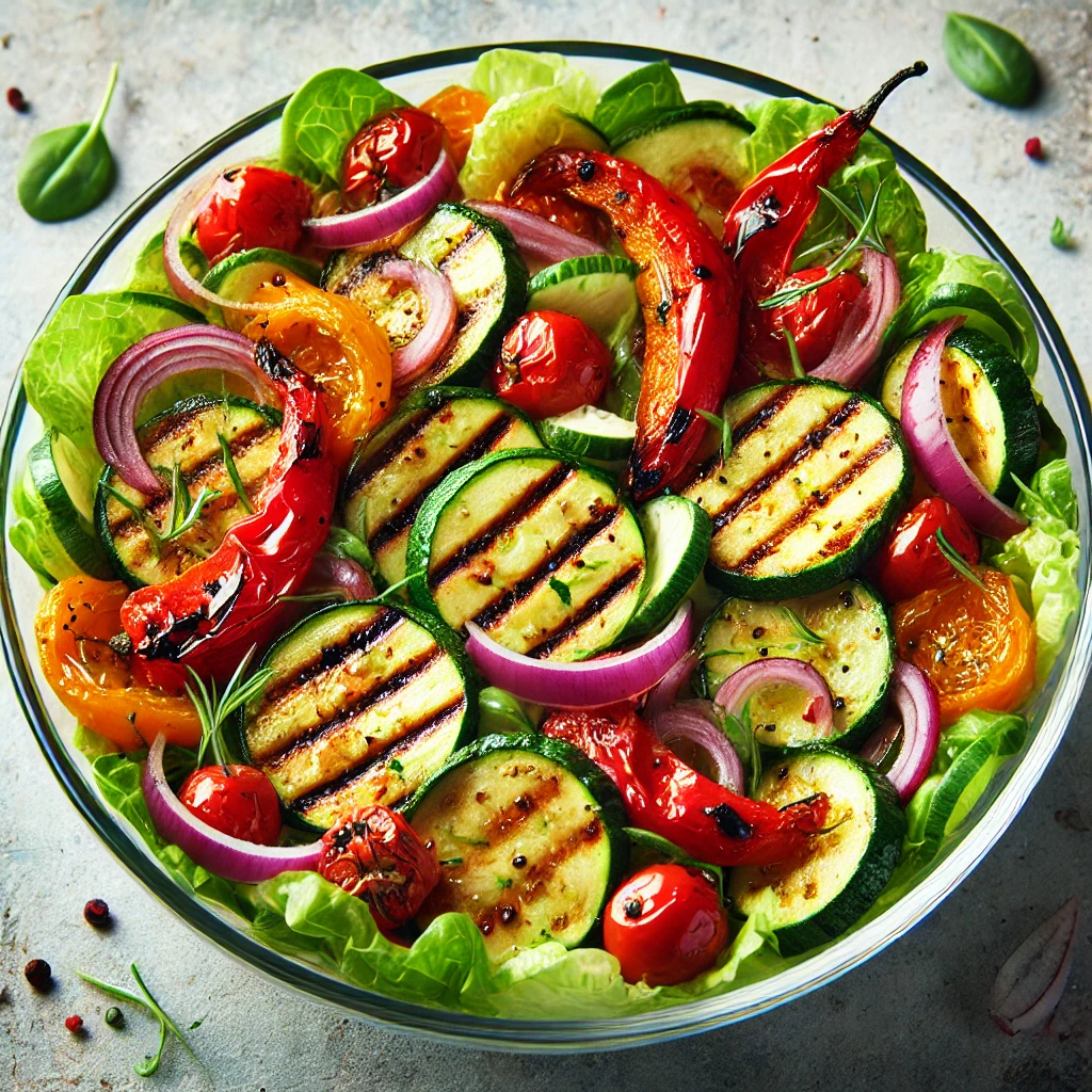A vibrant and fresh roasted vegetable salad with grilled zucchini, roasted red peppers, red onion, cucumber, and shredded lettuce. The salad is served
