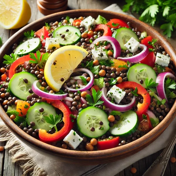 A vibrant Mediterranean black lentil salad with diced cucumbers, red bell peppers, red onion, fresh parsley, and crumbled feta cheese, drizzled with a